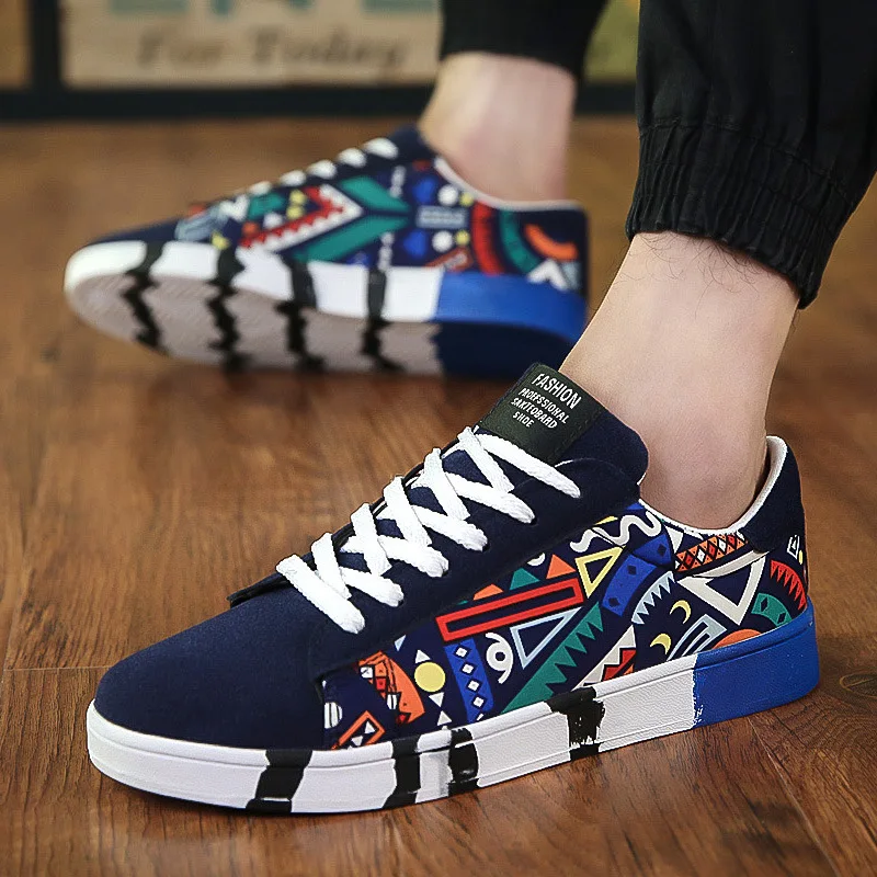 

High quality Sneakers Casual Lovers Printing Fashion Flat Tenis mens canvas walking Shoes, 3 colors to choose