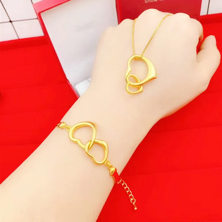 

Gold Plated Jewelry Gold Double Heart Ring Bracelet Earring And Necklace Set For Women