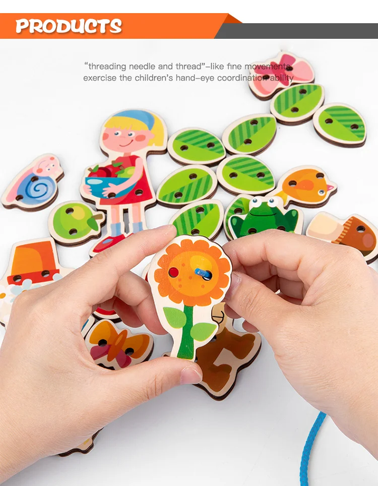 Wooden Large Toddler Montessori String Early Learning baby toys educational Kids Baby Wooden animal tree Threading Toys