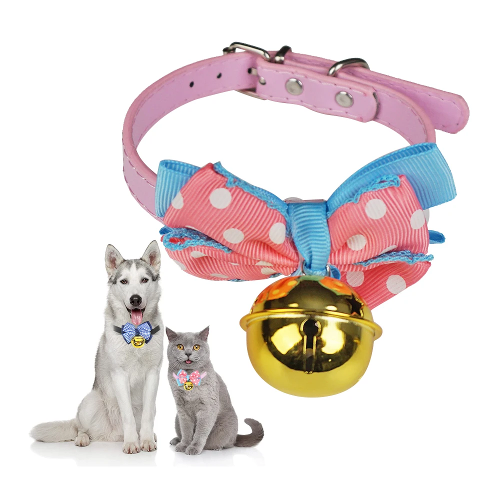 

Small pet safety collar leather cat collars with bell bowtie, Picture