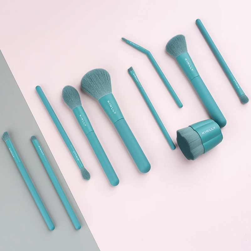 

Luxury custom synthetic hair green 10 piece make up brush set, Gold