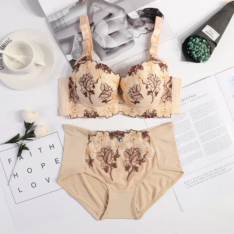 

Dropshipping High Quality New Fashion Embroidery Lace Bra Women Underwear Push Up Bra and Panty Set, As pictures show