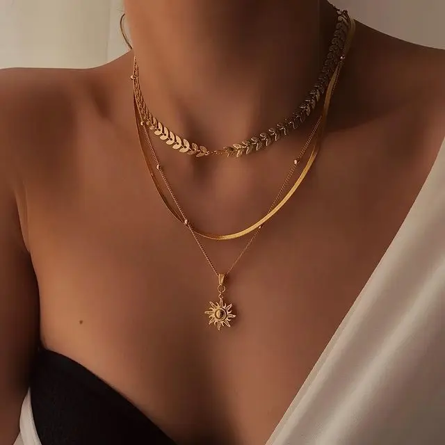 

Fashion Pearl Sun Moon Pendant Necklace Female Punk Multilayer Coin Butterfly Necklace Set Clavicle Chain Party Jewelry, Gold, silver, steel color