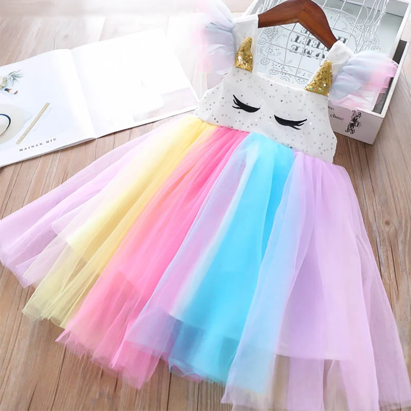 

Embroidered Cartoon Print Summer Rainbow Princess Girl Dresses Colorful Mesh Baby Girl Dresses