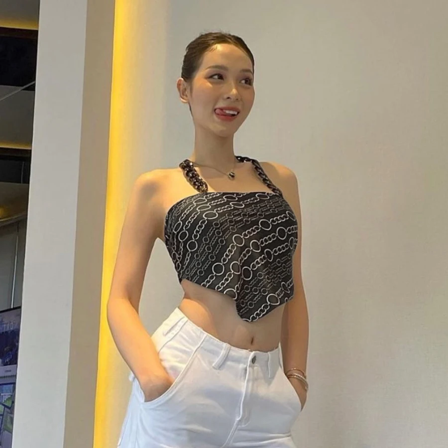 

Nibber K21B00244 High Street Sling Womens Camisole Backless Sleeveless Crop Top Artistical Printed Ring Factory Wholesale Custom