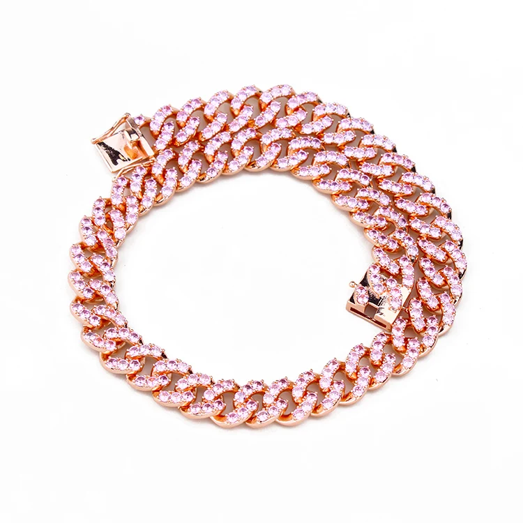 

12mm Iced Out Pink CZ Cuban Link Chain Rose Gold 18k gold filled Miami Choker Necklace for Women Men hip hop Jewelry