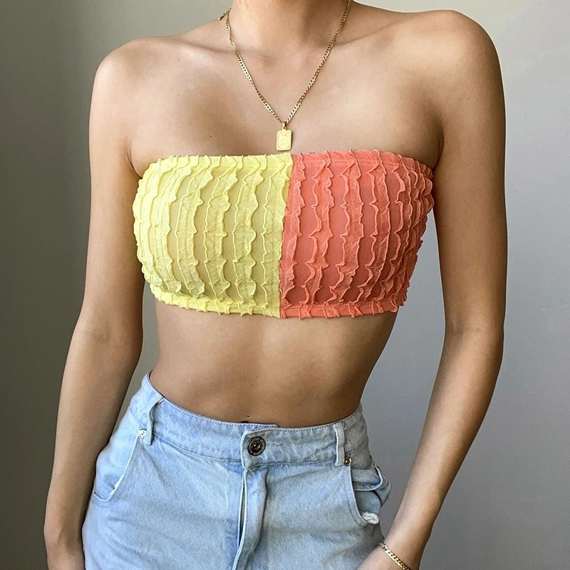 

Crop Tops 2021 Patchwork Color Matching Strapless Crop Top Tank Backless Sexy Fashionable Sleeveless Off-Shoulder Bandeau Top