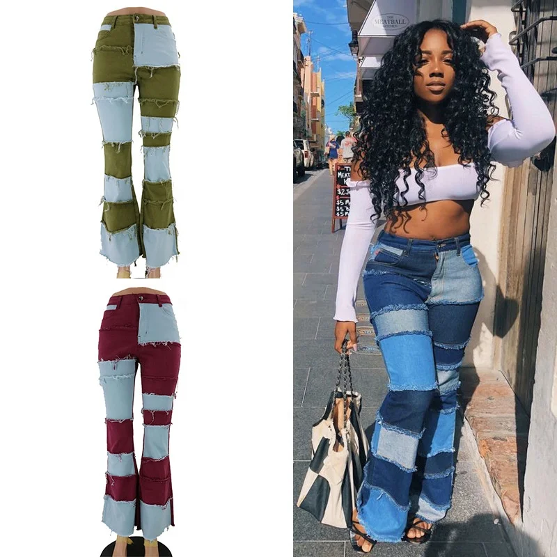 

High Waist Patchwork Color Jeans Bell Pants flare trousers 2020 Fall Women's button cargo sweat pants jogger, Blue