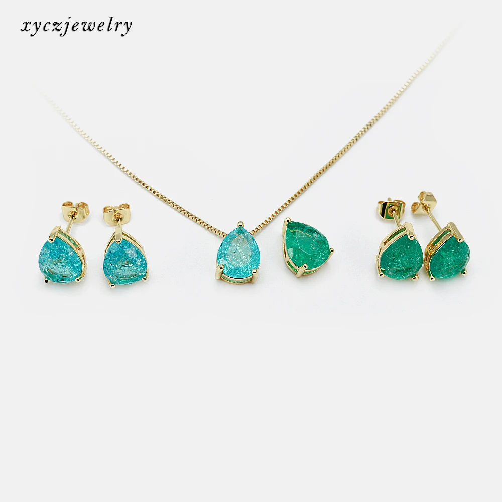 

Simple Fashion Drop Crack Glass Stud Earring and Necklace Sets Beautiful Gold Plated Girl 3 Colors Glass Jewelry Sets, Color glass