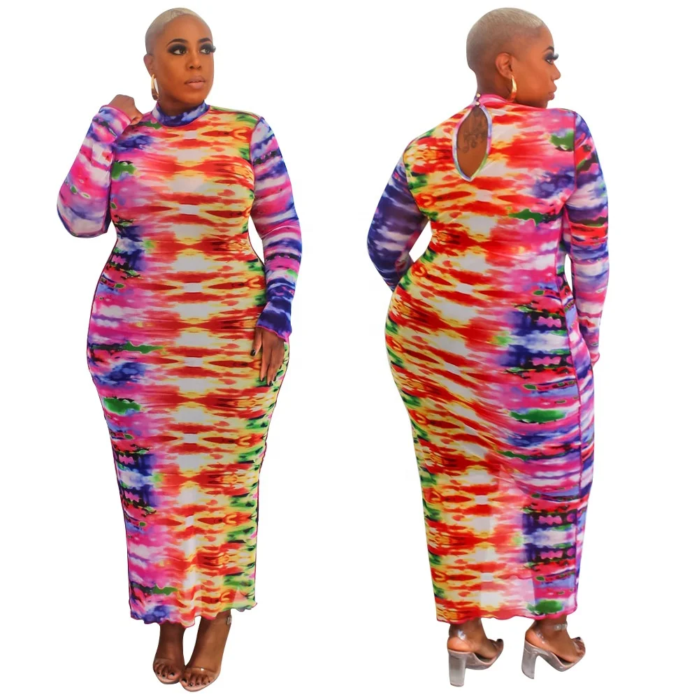 

DA5015 Autumn new arrival tie dye 5xl clothing woman dress long sleeve bodycon plus size maxi dress