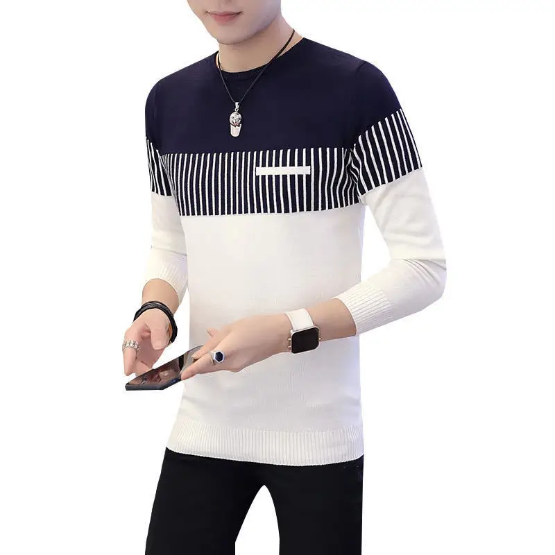 

2022 Spring New Knitted Black Red Blue Plus Size Fashion Striped Patchwork Men Crew Neck Long Sleeve Sweaters Pullover Top, Blue/red/white