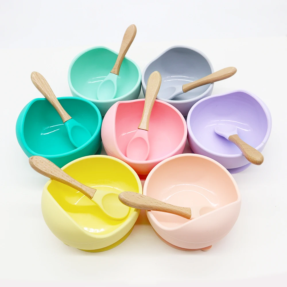 

best price food grade stay put suction bowls set toddler silicone plate baby bowl with spoon, 13 colors