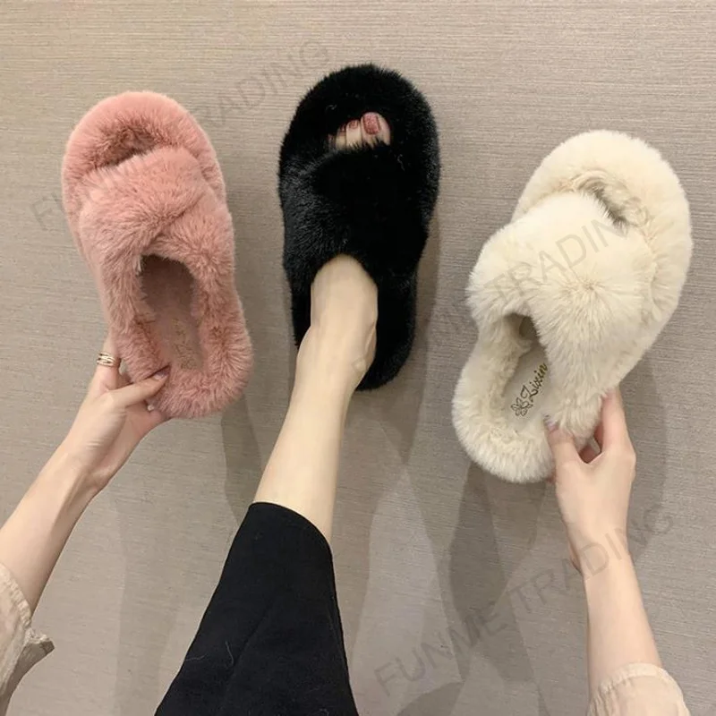 

White Cross-band Plush Flip Flops Open Toe Slippers Slides For Ladies Women Girls Cozy
