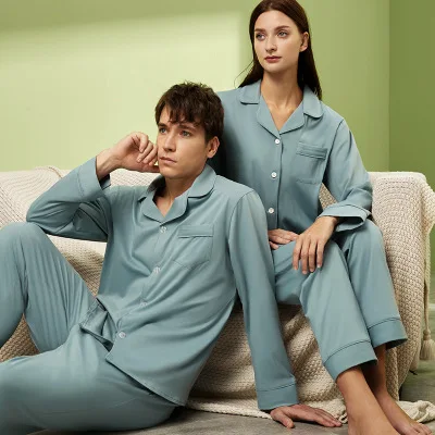 

100% Cotton Men's Pyjamas Set Long-Sleeve Husband and Wife Couple Pajamas, Red, green or customized color