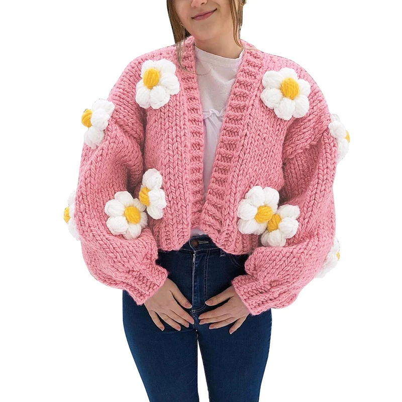 

W21C03360 Fall Clothing Fashion Loose Pink Embroidered Women Top Streetwear Casual Knitted Sweater Cardigans