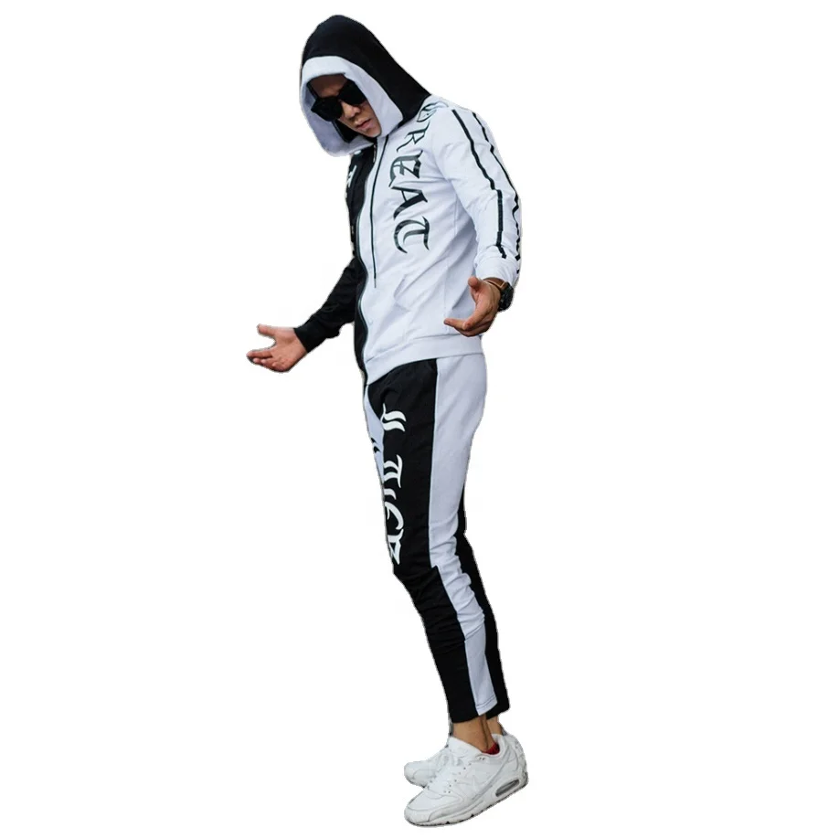

2021Winter Fashion High Quality Streetwear Patchwork Zip Up Jogger Set Cutton Hooded Fitness Tracksuits Two Pieces Set for Men