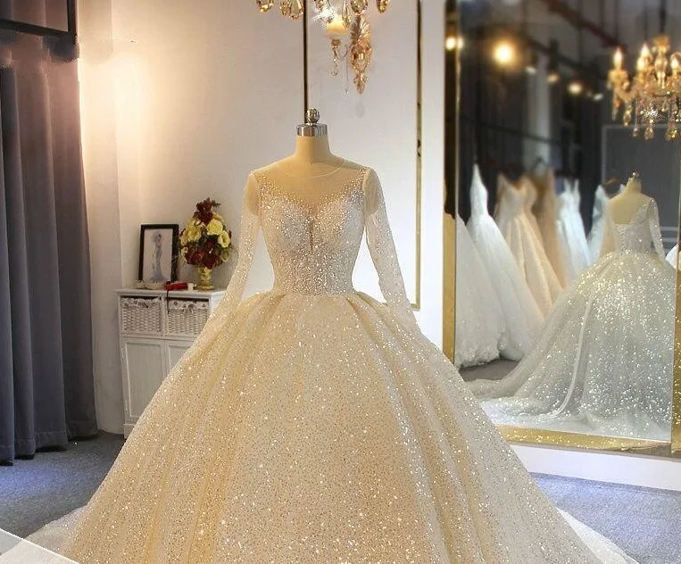 

S1452F 2022 New Custom High Quality Long Sleeve Lace Tutu ball gown wedding dress, White