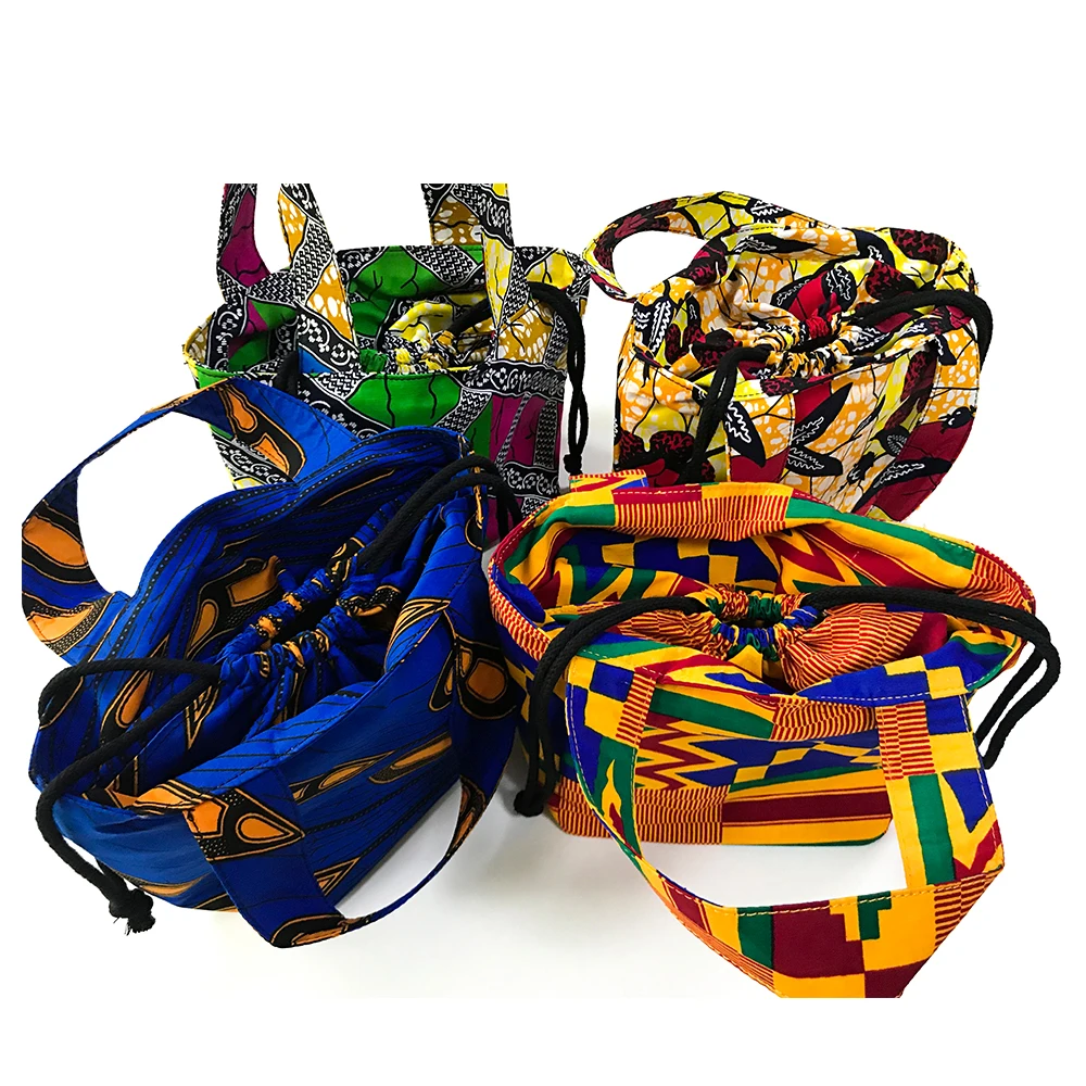 

Durable Aluminium Foil Fabric Multi Colored Geometric inner Cool Adjustable Rope Lunch Bag office African Fabric Wax Handbag, Multi-colors