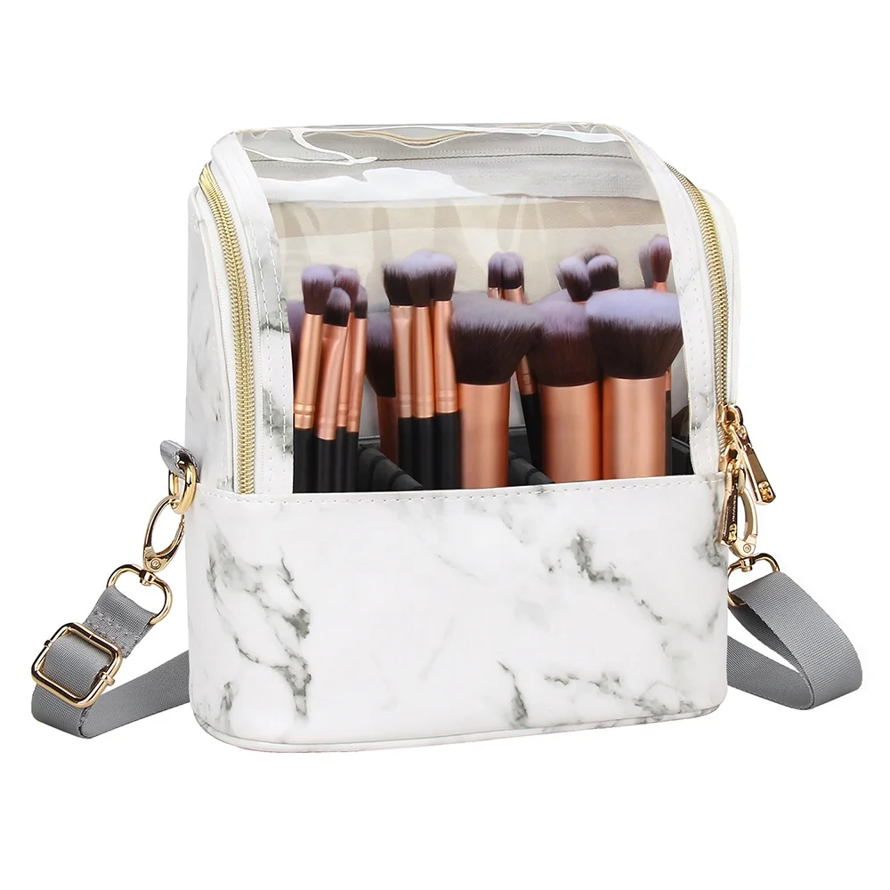 

Free Dropshipping Relavel Professional Shoulder Strap Divider Travel Makeup Brush Holder Waterproof Stand-up cosmetic bag, Marble white