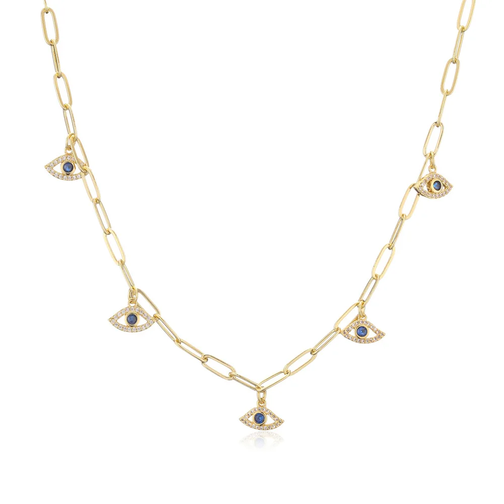 

Real 18k Gold Plated Paperclip Chain CZ Star Cross Pendant Necklace Micro Pave Cubic Zircon Evil Eyes Necklace