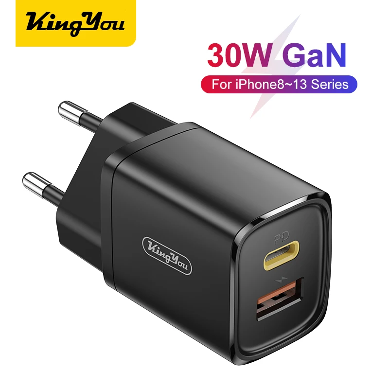 

Kingyou Dual Port USB Type c PD 30w GaN Fast charging wall charger for iPhone 13 Pro Max Mini iPhone 12 iPad Pro, Black/white