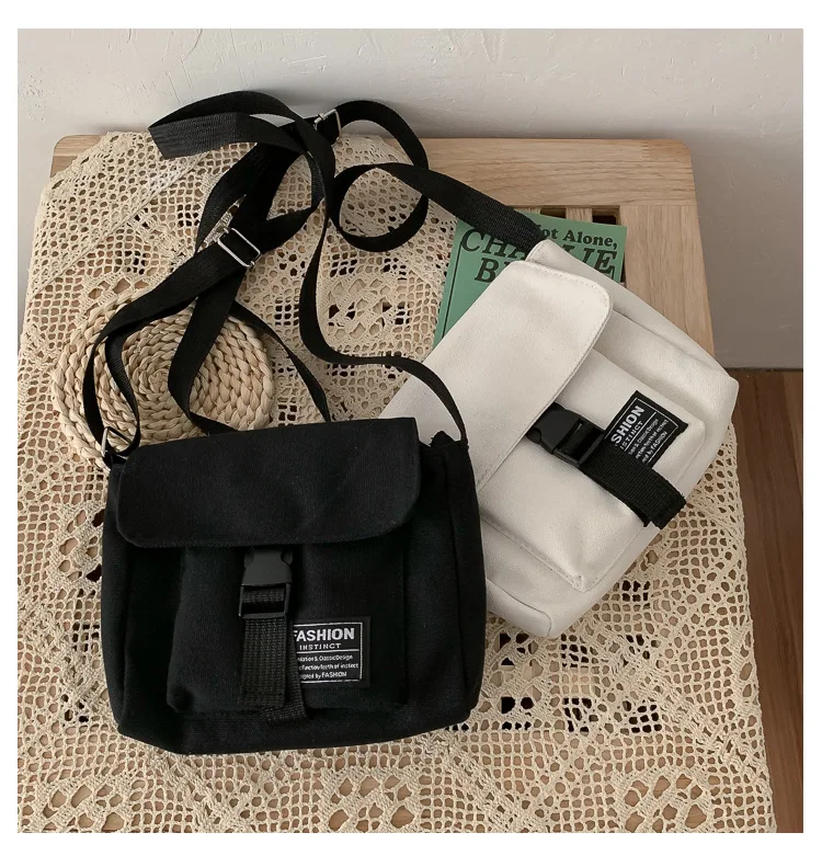 

New Korean Style Versatile Tooling Style Multifunctional Student Messenger Canvas Cotton Bag, Black, white, yellow