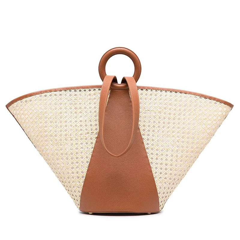

2021 New Cross-border Trend Solid Color Tote Bag Straw Woven Hollow Woven Ladies Handbag Wide Mouth One-shoulder Beach Bag 155QD