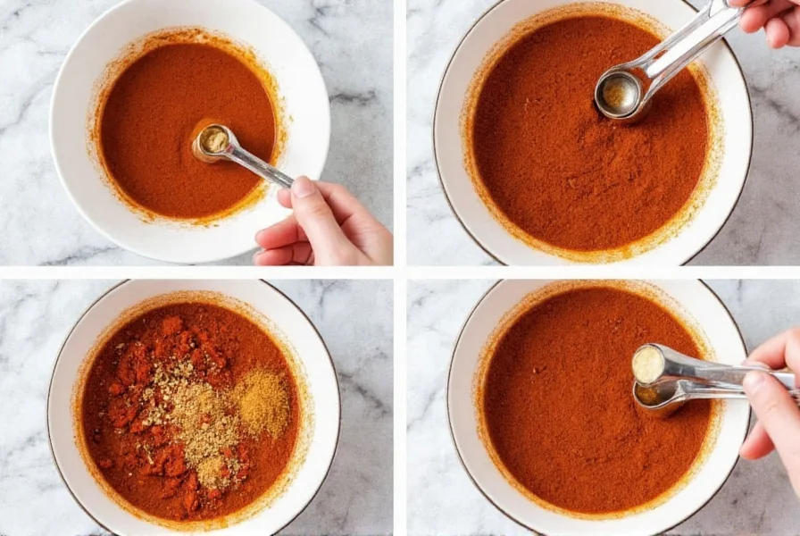 Step-by-step process of mixing homemade chili spice blend in a ceramic bowl with measuring spoons