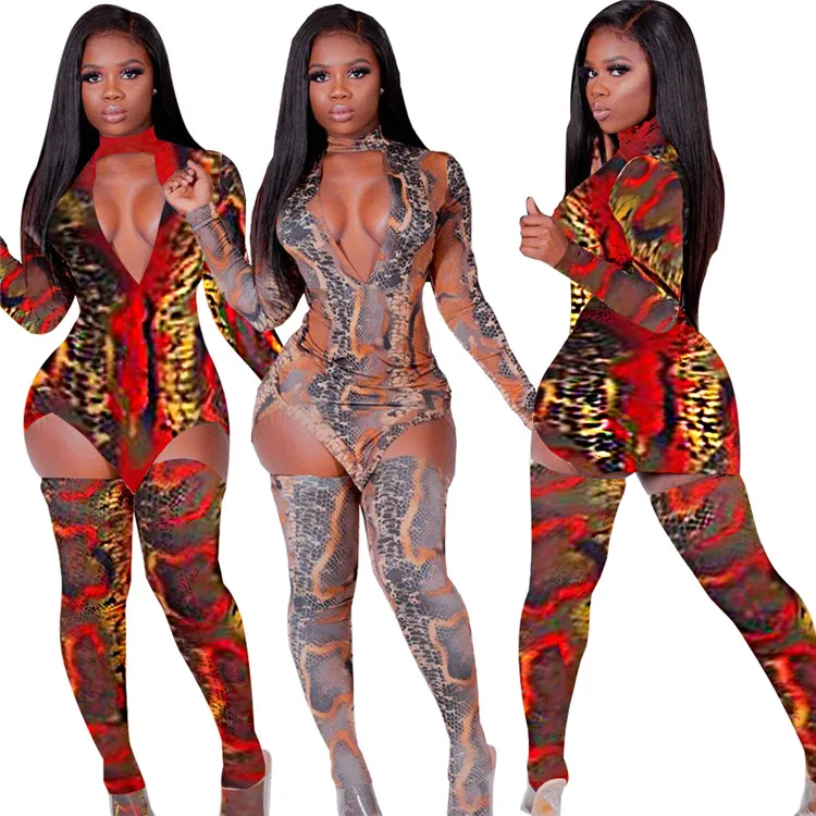 

GHX1149 Wholesale club outfits women long sleeve sexy snake print dress 2 piece set