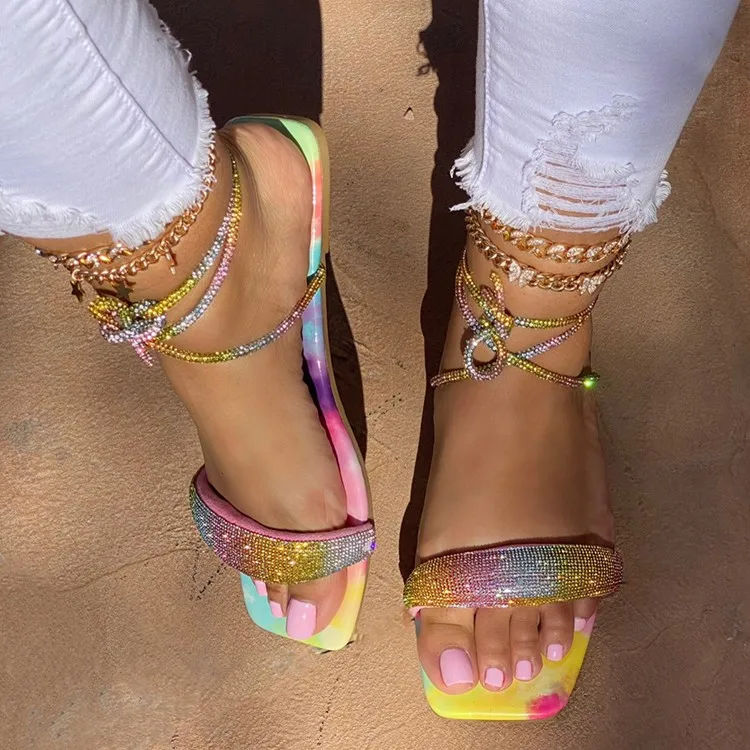 

36-43 Women's lace-up Rainbow Diamond flat sandals 666, Colors,beige