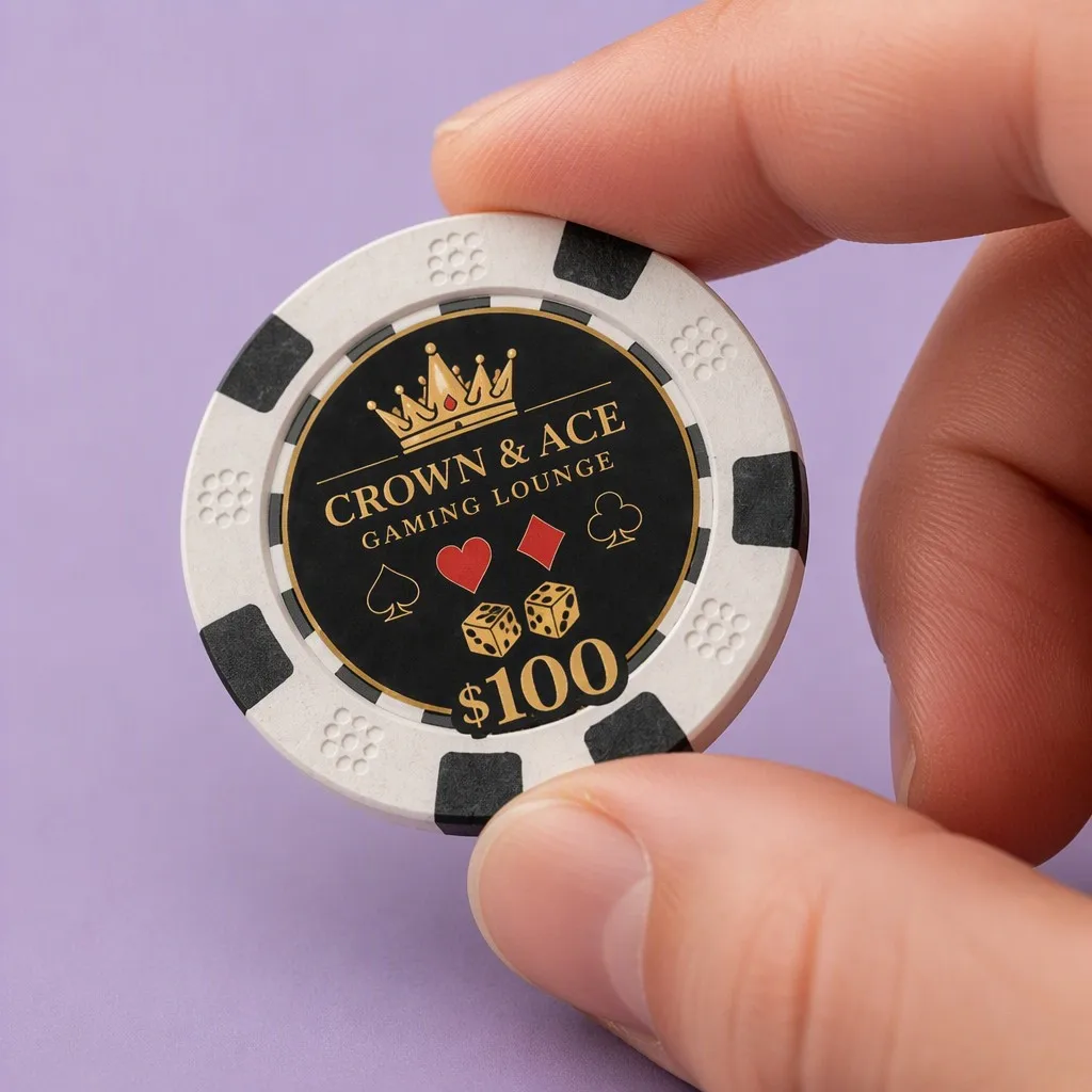 Human hand holding the 40mm $100 Crown and Ace chip showing scale and weight