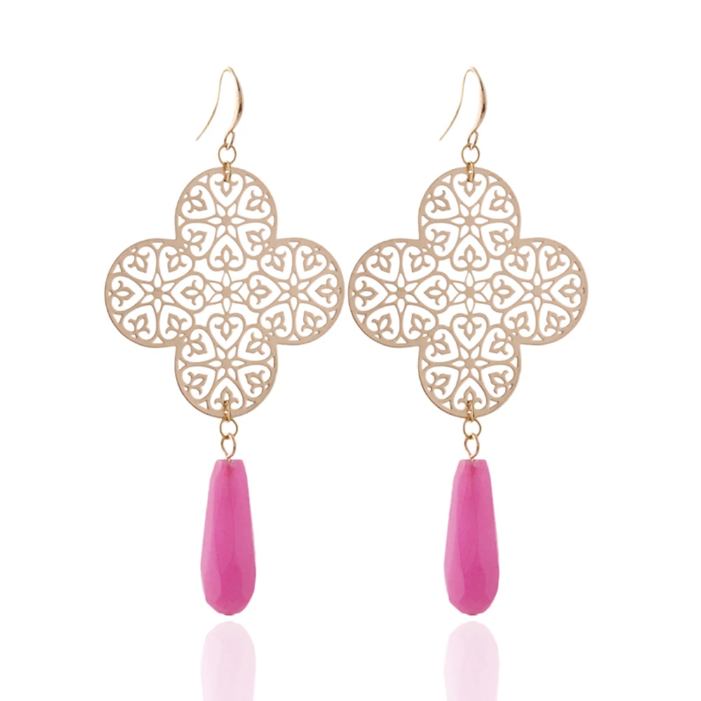 

NeeFu WoFu Women's fashion charm Four-leaf clover gold metal pendant long thin earrings delicate plum copper earrings 2020, Pink