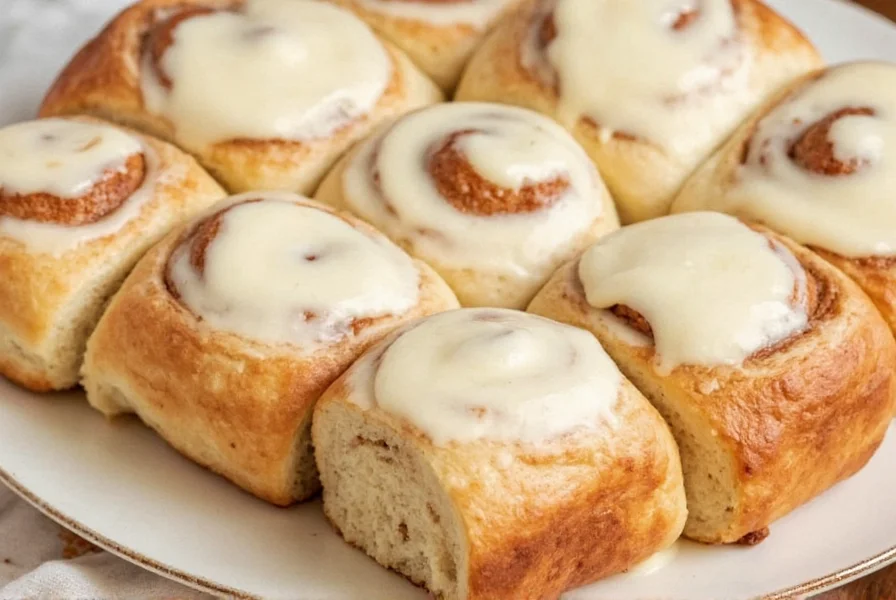 Perfectly baked heavy cream cinnamon rolls with glossy icing on wooden serving board
