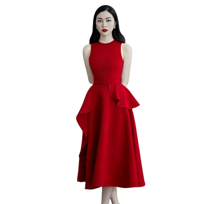 

2020 Summer Round Neck Sleeve Slim Fit Beach Wedding Dresses Formal Party Women Dress with Belt, Customized color