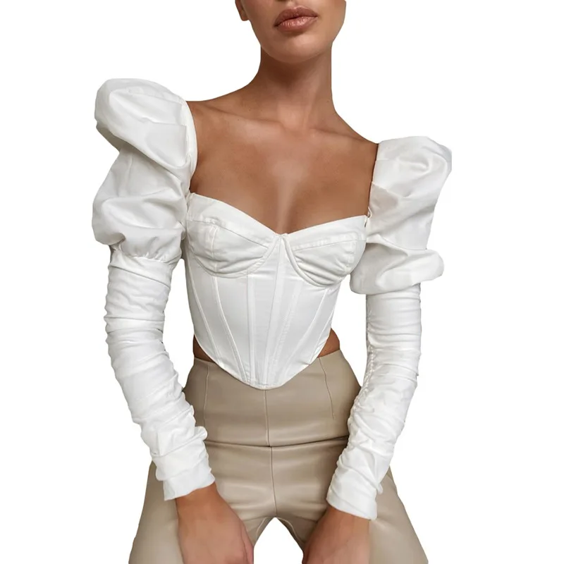 

Fashion Sexy Square Neck And Long Sleeves Ladies Tops Elegant Casual Blouses Hot Solid Color Bodycon Sexy Tops Woman Shirts, Picture show