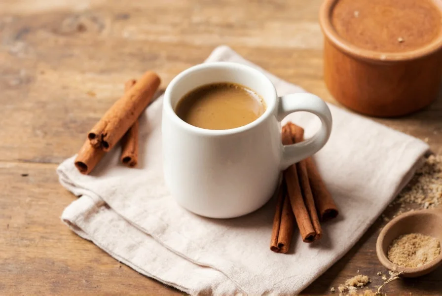 Close-up of Ceylon cinnamon sticks and ground cinnamon next to coffee cup