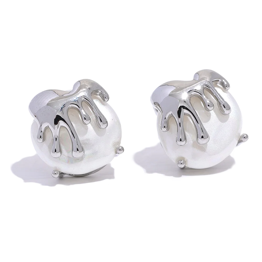 

JINYOU KE022EN Fashion Copper Silver Color Stud Earrings Inlaid Artificial Pearl Round Geometric Stylish Creative Jewelry Women