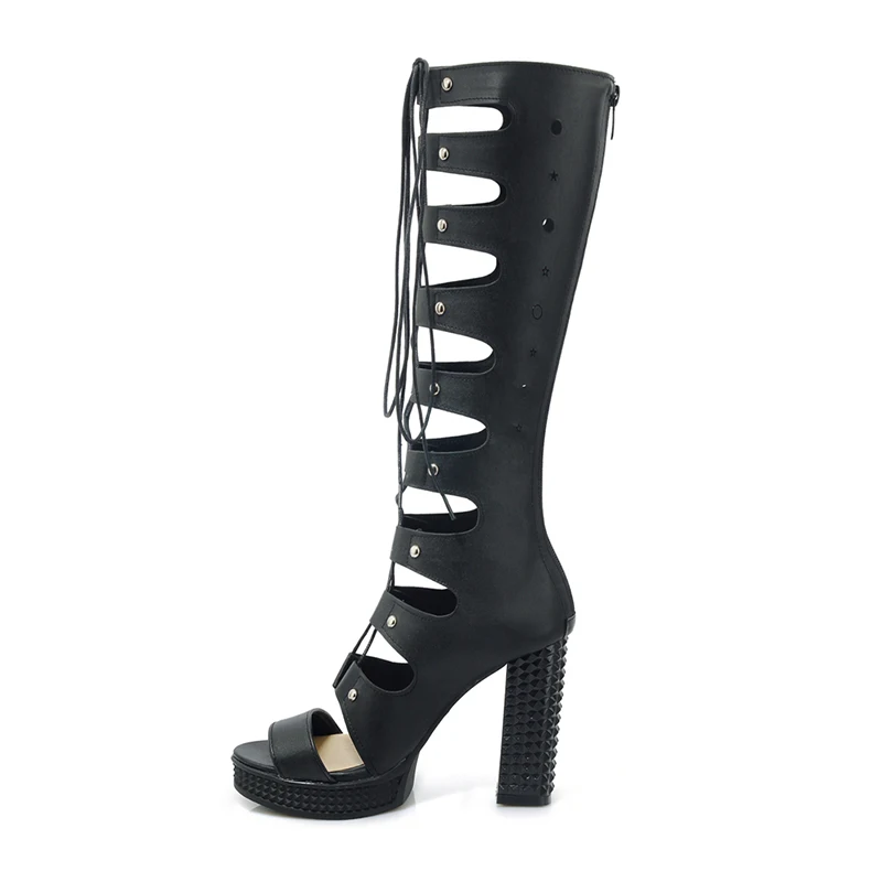 

Summer Sexy Women's Knee High Gladiator Sandals Open Toe Thick High Heel Sandals Boots with Studs, Black white