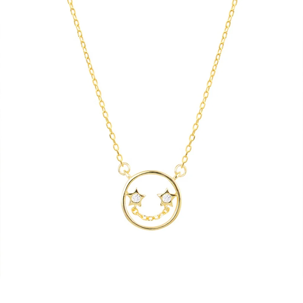 

Woman Gold Plated 925 Sterling Silver Circle CZ Smile Pendant Necklace