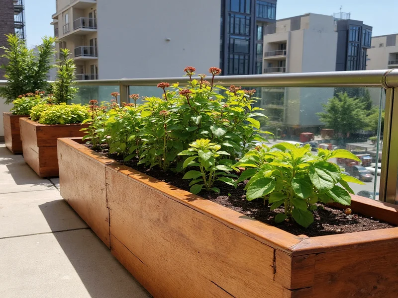 Reclaimed wood gardening boxes on urban balcony