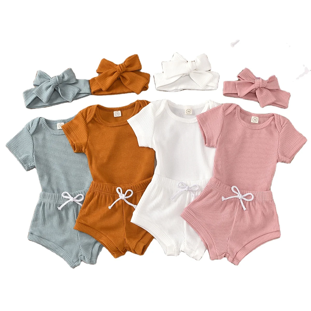 

Custom OEM ODM Toddler Boys Ribbed Cotton Short Sleeve Romper Draw String Short Outfits Baby Girl Clothes Set, Photo showed and customized color