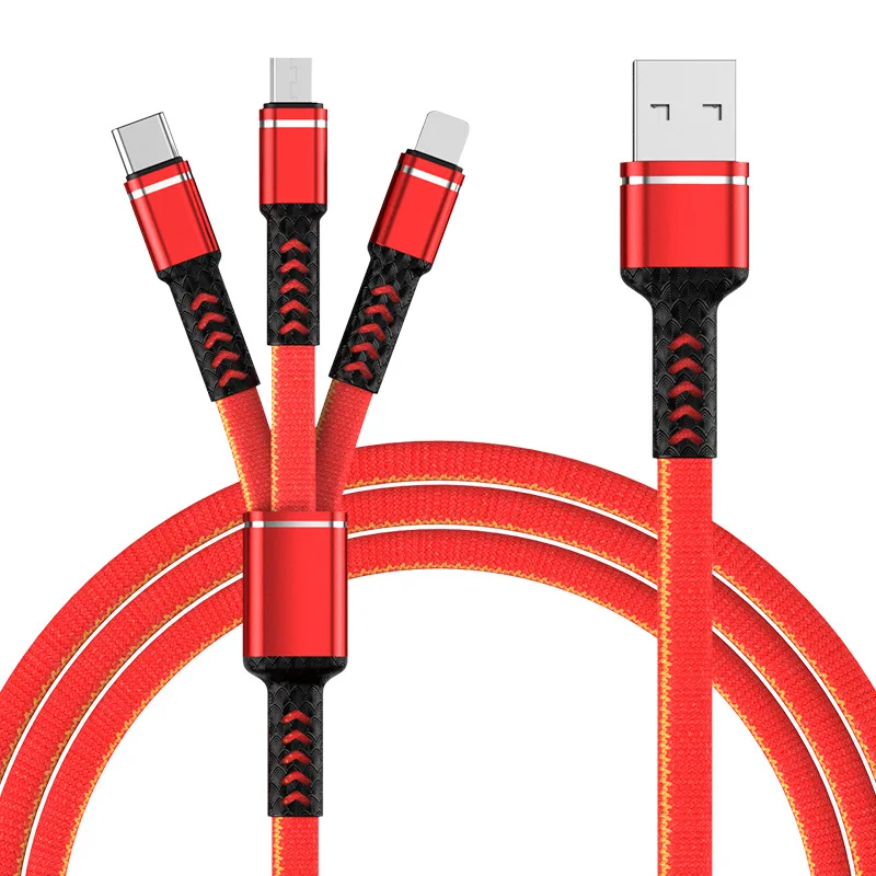 

Factory price on stock 3 in 1 cable nylon type c data cable 3a 18w cell phone cord charging cable