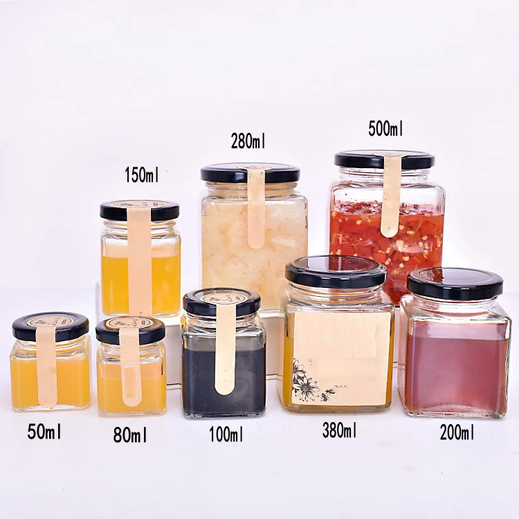 

Wholesale square glass honey jars 45ml 85ml 120ml 180ml 280ml 380ml 500ml 730ml glass jam jars for chilli with meal lid, Clear