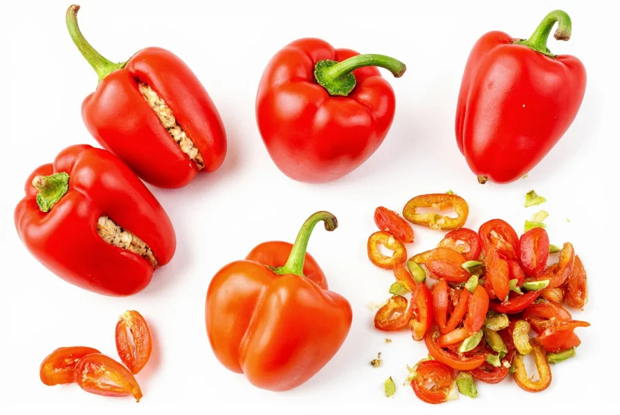 Assortment of cherry peppers prepared in various culinary ways: stuffed, pickled, and sliced for salads