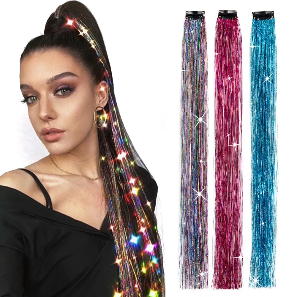 

AliLeader Long Straight Sparkling Shiny Highlights Rainbow Colored Hairpieces Glitter One Piece Clip in Tinsel Hair Extensions