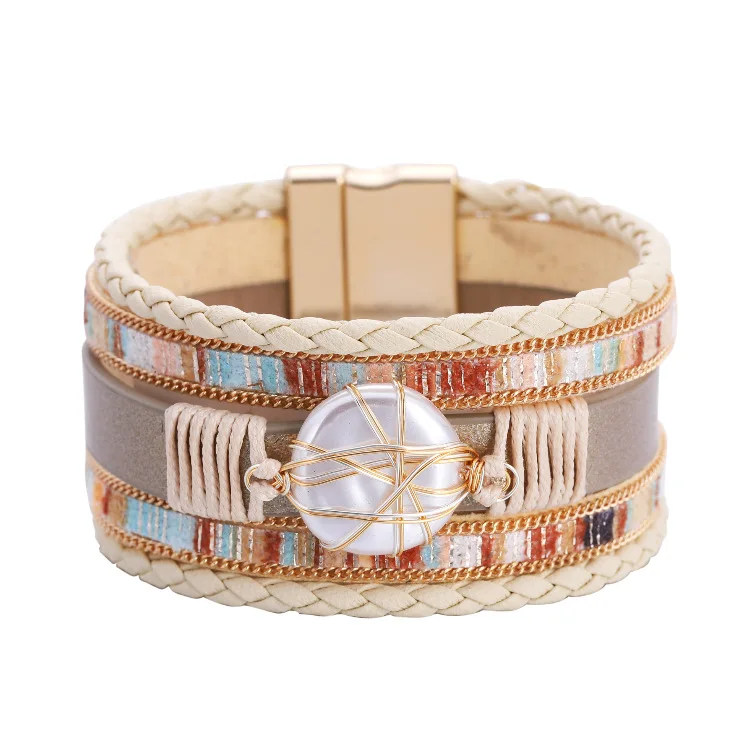 

Boho Braided Wide Multilayer Leather Bracelet Bangle with Magnetic Clasp Handmade Bohemia Colorful Natural Pearl Wrap Bracelet