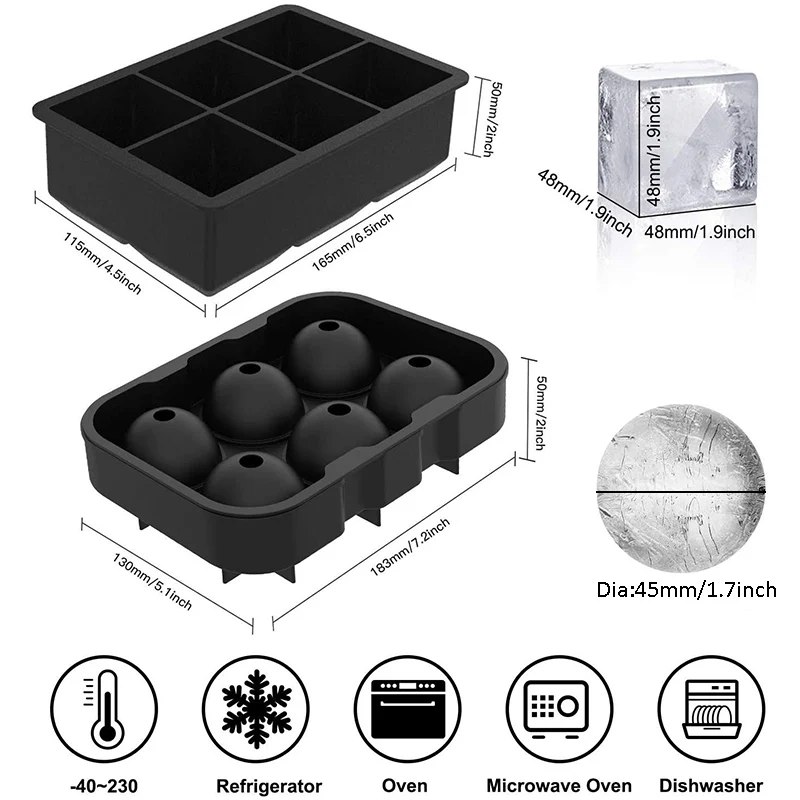 Rechishre Ice Cube Trays Silicone (Set of 2), Sphere Ice Ball Maker with  Lid and Large Square Ice Cube Molds for Whiskey and