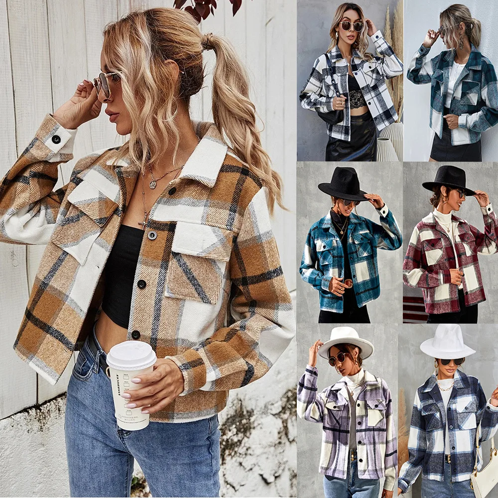 

Factory Direct Autumn And Winter Single Breasted Women Woolen Coat Women Plaid Jacket