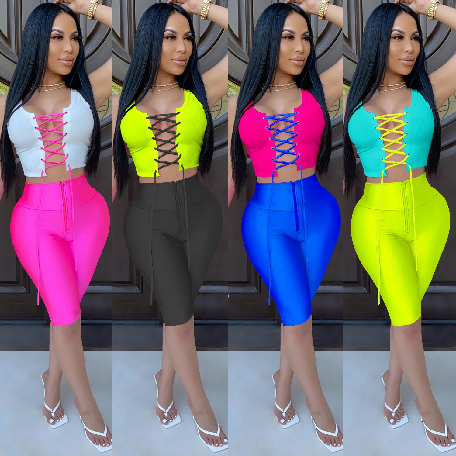 

Women's Chain Bondage Lace Up Crop Tops With Stacked Pants Women's Two Piece Sets outfits women two pieces sets, Pink, black, blue, green