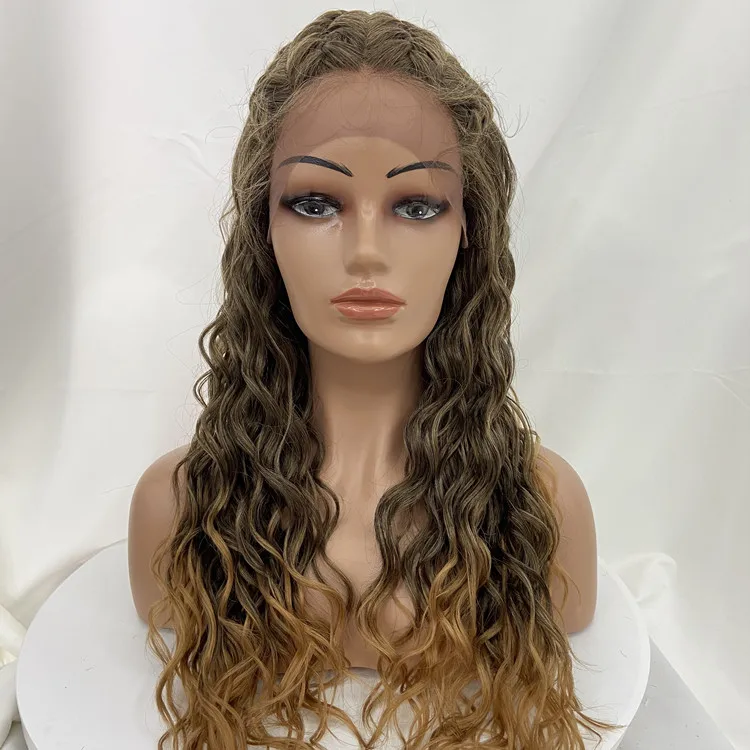 

Ombre 4x4 Lace Front Curly Water Wave Highlight Brown Synthetic Hair Wigs For Black Women, Om27